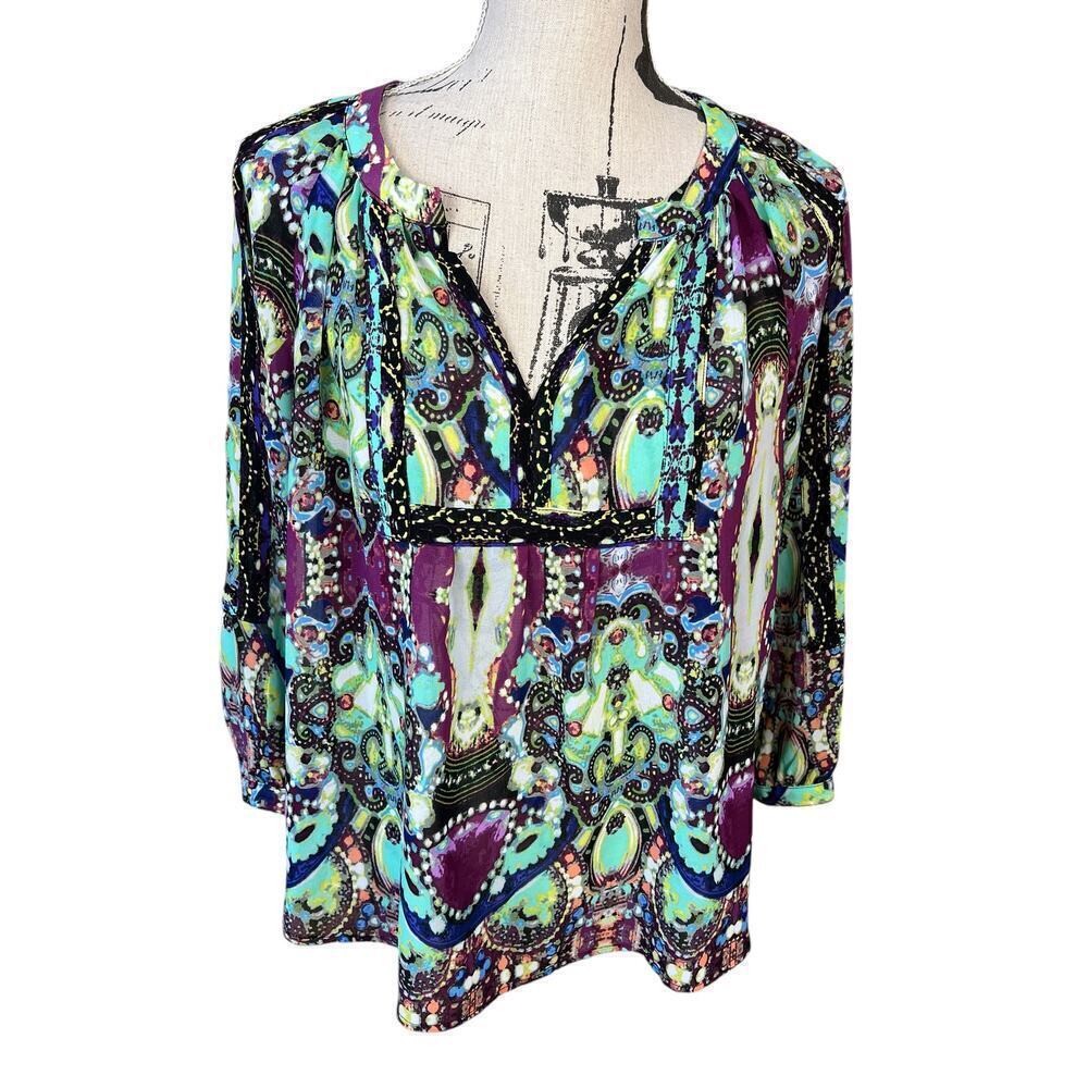 Nicole By Nicole Miller Semi Sheer Blouse Green Purple Colorful Vibrant Top XS
